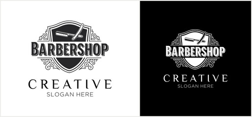 A vintage-style barbershop logo template featuring a classic barber pole inside an ornate shield, presented in black and white variations.
