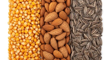 Three vertical rows of healthy raw ingredients including corn kernels almonds and sunflower seeds against a white background