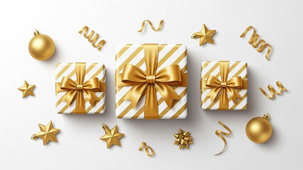 Festive arrangement of gold and white gifts with ornaments on white surface