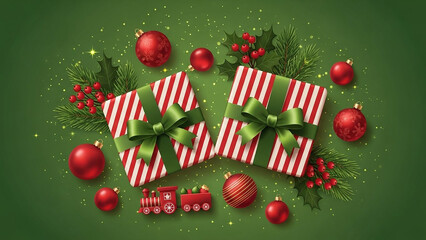 Festive christmas gifts with ornaments and toy train on a green background