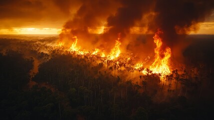 Flames rise fiercely among trees as a wildfire spreads rapidly, silhouetted against a fiery sunset sky