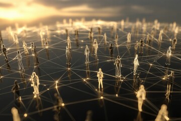 Global network showcasing interconnected people forming a digital web during sunset, highlighting social connections and technology interaction