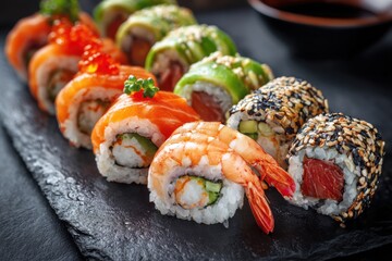 Close-up view of assorted sushi rolls featuring shrimp and salmon, beautifully garnished and served on a dark slate platter in a modern setting