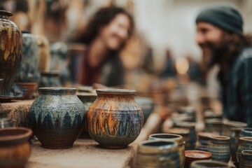 Ceramic pottery exchange at a vibrant craft fair showcasing handmade pottery creations in a lively marketplace setting