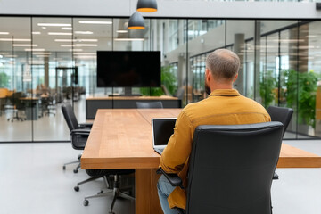 Man sits alone in stylish conference room working on laptop in modern open office environment