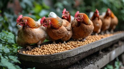 Colorful chickens gather to feast on grains, creating a vibrant display of farm life amidst lush greenery