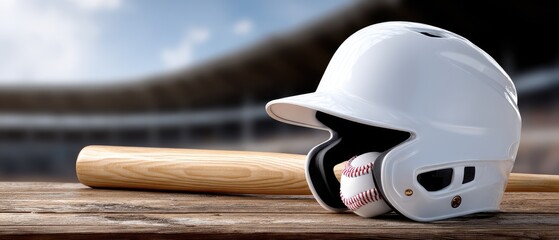 White baseball helmet and bat with baseball on a wooden surface at a sunny stadium during a game training session