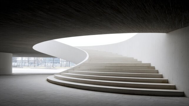 Minimalist architecture featuring a modern curved staircase with clean lines and bright, natural light illuminating the space