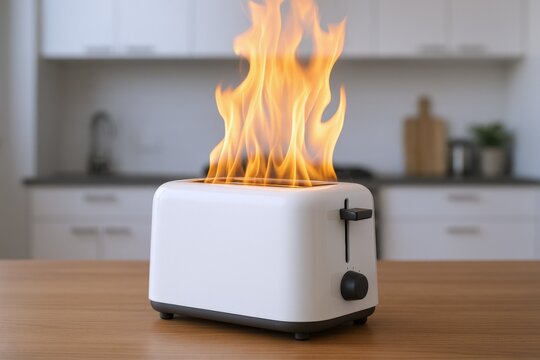 Overheated Toaster Igniting Flames in Kitchen, Conceptual Image of Kitchen Fire and Appliance Malfunction