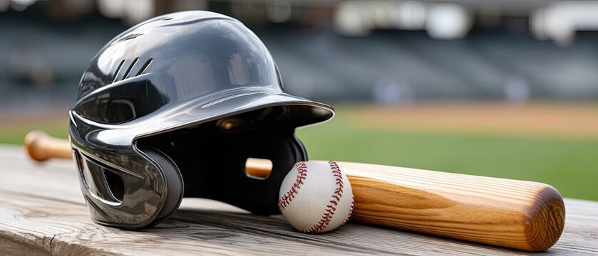 Baseball equipment resting on a bench with a clear field in the background during a sunny afternoon game - Powered by Adobe