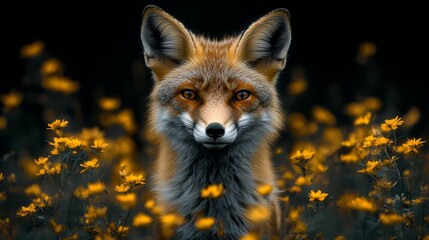 Naklejka premium A striking fox stands amidst vibrant wildflowers, capturing the essence of wild beauty during the golden hour