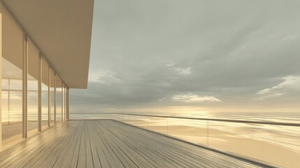 Obraz premium Modern Coastal Architecture with Ocean View Balcony at Sunset, Minimalist Design and Serene Ambiance