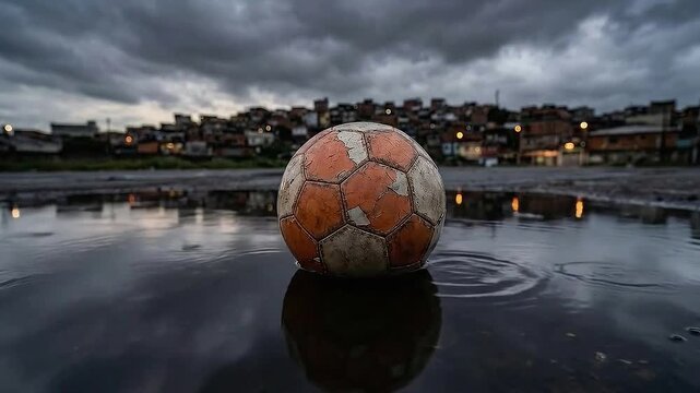 Gloomy V&aacute;rzea: Worn Orange Football Reflected in Puddle Under Heavy Clouds