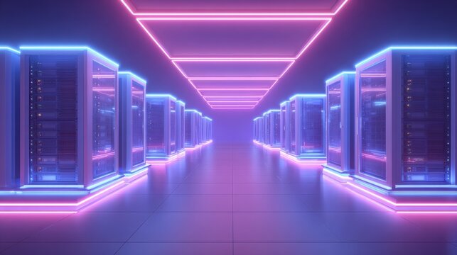Futuristic Data Center with Neon Lights: Modern Technology Infrastructure for Cloud Computing and Cybersecurity
