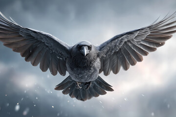 Obraz premium Dramatischer fliegender Rabe im Sturm – Wildlife, Natur, Dynamik