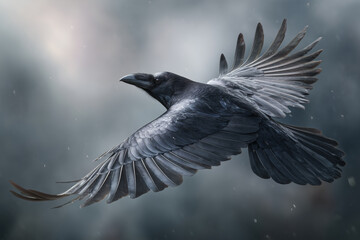 Obraz premium Dramatischer fliegender Rabe im Sturm – Wildlife, Natur, Dynamik