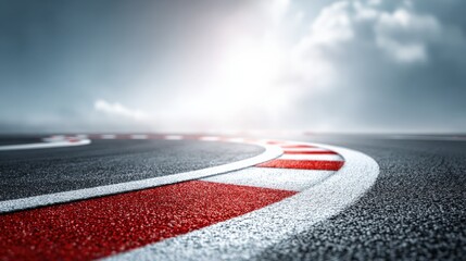 Racing Track Curve with Red and White Borders under Cloudy Sky for Motorsport Event