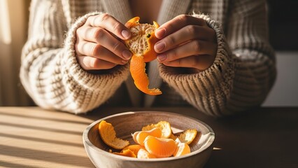 Person's hands peeling and eating a fresh, juicy mandarin orange, close-up shot on a wooden table.