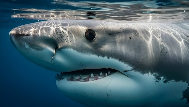 "Samandar Ke Raja (King) Ka Nazdeeki Manzar: Aik Great White Shark Ka Khaufnak (Fearsome) Portrait, Hyper-Detailed Skin Texture Aur Cinematic High-Contrast Side-Lighting Ke Saath."