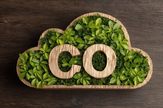 Wooden cloud symbol promoting carbon footprint awareness with green moss and leaves, showcasing environmental importance and sustainability practices