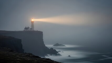 A solitary lighthouse on a rugged cliffside, its beacon cutting through the dense, atmospheric fog at dusk.