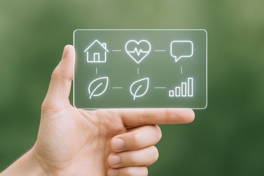 Hand Holding Transparent Screen Displaying House, Heart, Leaves, Chat, and Graph Icons on Green Background