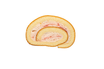 Single slice of Swiss roll sponge cake with strawberry cream filling, isolated on white. Clean cross-section showing a spiral of cake and berry cream.