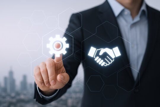 Innovative Partnership Agreement: Businessman Using Digital Interface for Collaboration and Strategic Solutions in Modern Business Environment - Powered by Adobe