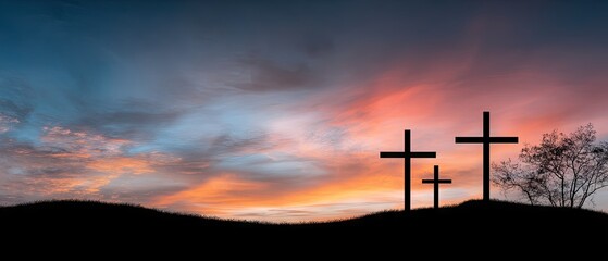 Crosses stand against a vibrant sunset sky, symbolizing faith and hope in a serene landscape with rolling hills and gentle trees