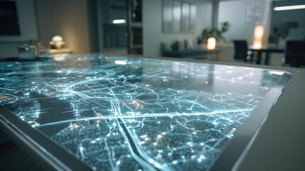 Futuristic Data Visualization: A Network of Information Displayed on an Advanced High-Tech Table in Modern Office