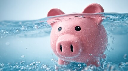Piggy bank submerged in water representing financial crisis, debt, economic downturn, and investment risk concept