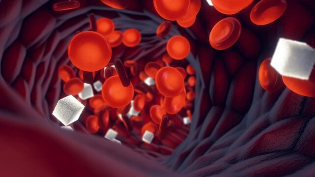 Diabetes is a metabolic disorder where the body cannot regulate blood glucose (sugar) levels, leading to hyperglycemia. Sugar cubes as part of the blood flow concept 
