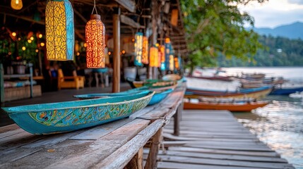Obraz premium A decorative boat rests on a wooden pier, with colorful lanterns hanging overhead. The scene is set at dusk, with the water and distant mountains visible.