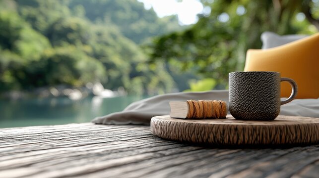 A coffee cup and a book rest on a wooden tray on a wooden table, overlooking a lake and lush green landscape. The scene evokes relaxation and tranquility. - Powered by Adobe