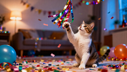 playful cat enjoying a colorful birthday celebration with confetti and balloons in a living room