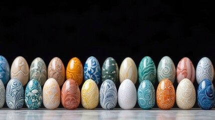 A row of beautifully decorated Easter eggs with intricate designs and vibrant colors, set against a dark background.