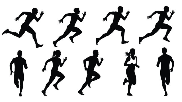 Flat vector silhouettes of diverse male and female athletes in various dynamic running and sprinting poses,, isolated on white background