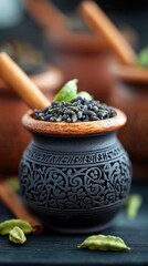Close-up of a decorative bowl filled with spices and herbs, with other bowls and ingredients in the background. Dark and moody lighting.
