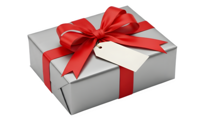 Silver gift box with red ribbon and blank tag on black background