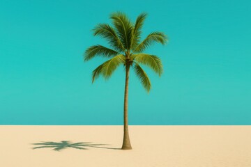 Obraz premium Tropical Solitude: A solitary palm tree stands tall and proud, its fronds swaying gently against a bright blue sky, casting a shadow on the beach. A symbol of tranquility and escape.