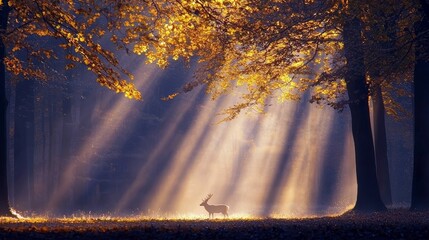 A deer stands in a forest, illuminated by beams of sunlight filtering through the trees, creating an atmospheric and magical scene.