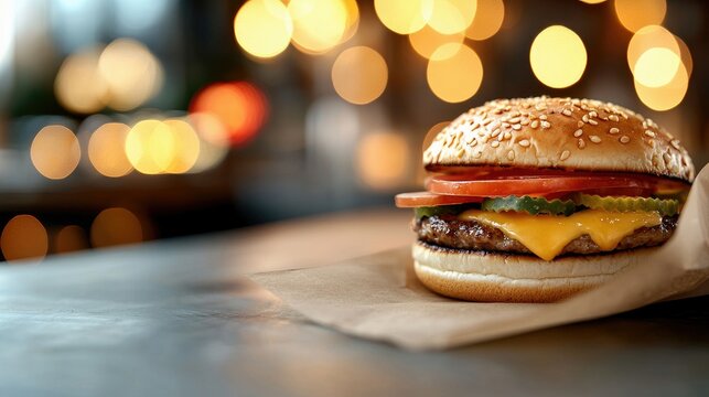 Close-up of a tasty burger with sesame seed bun, tomato, pickles, and cheese, on a paper wrap, set on a table with blurred bokeh lights in background. - Powered by Adobe