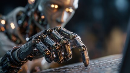 Advanced robot hand interacting with digital technology