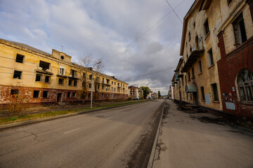 Destroyed and damaged city buildings after war or natural disaster