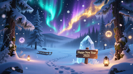 Obraz premium Magical winter wonderland landscape with vibrant aurora borealis dancing in the night sky over snow covered trees and a festive sign