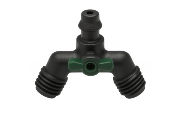 Black plastic garden hose splitter y-connector with valve