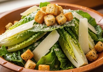 Close up of a fresh caesar salad with crisp romaine lettuce, croutons, and shaved parmesan cheese served in a wooden bowl