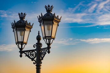 Ornate Double Street Lamp Against a Vibrant Sunset Sky.