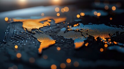 A digital world map is created with a circuit board design, featuring orange and blue lights. Bokeh lights add to the futuristic aesthetic.