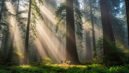 Obraz premium Sunbeams piercing through a misty redwood forest creating an ethereal and breathtaking natural scene.